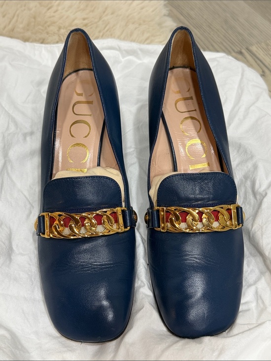 Gucci Shoes - Gucci Navy Leather Loafers with Gold Chain and Red Detail